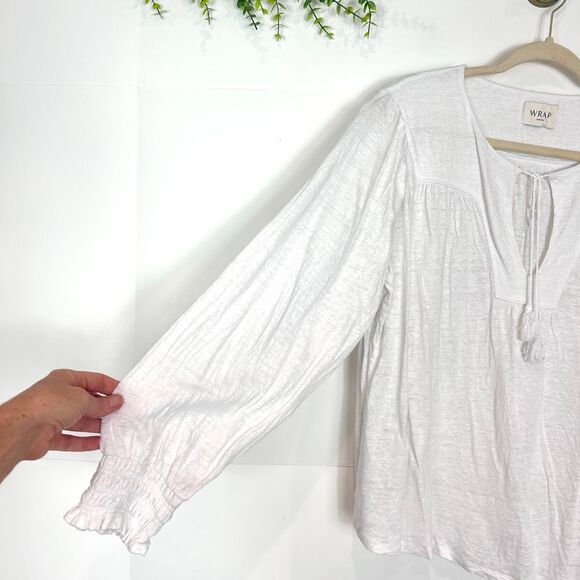Wrap London Linen Blouse Womens 14 white tassel tie Long Sleeve Peasant large - Picture 5 of 13